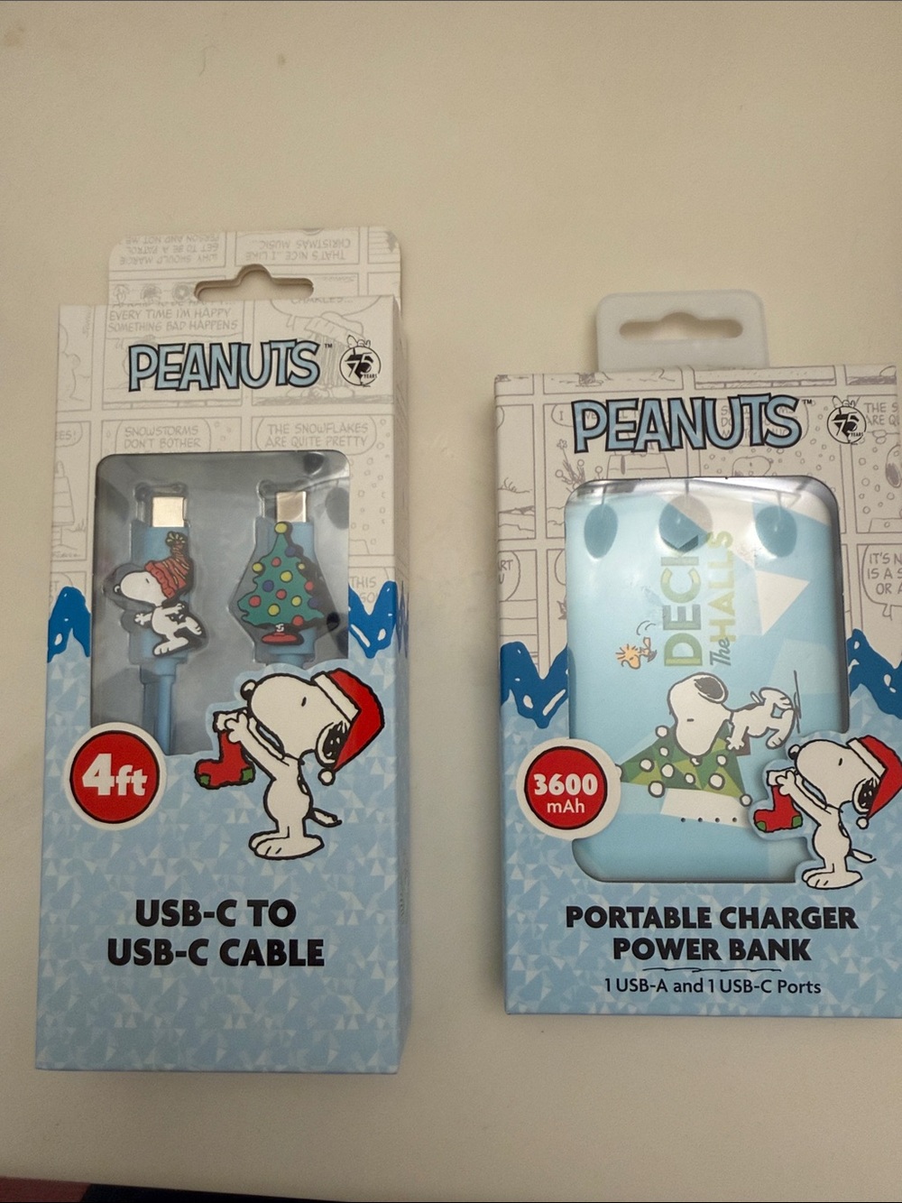 Peanuts Light Blue Power Bank charger & USB-C to USB-C Cable Set with Snoopy Art